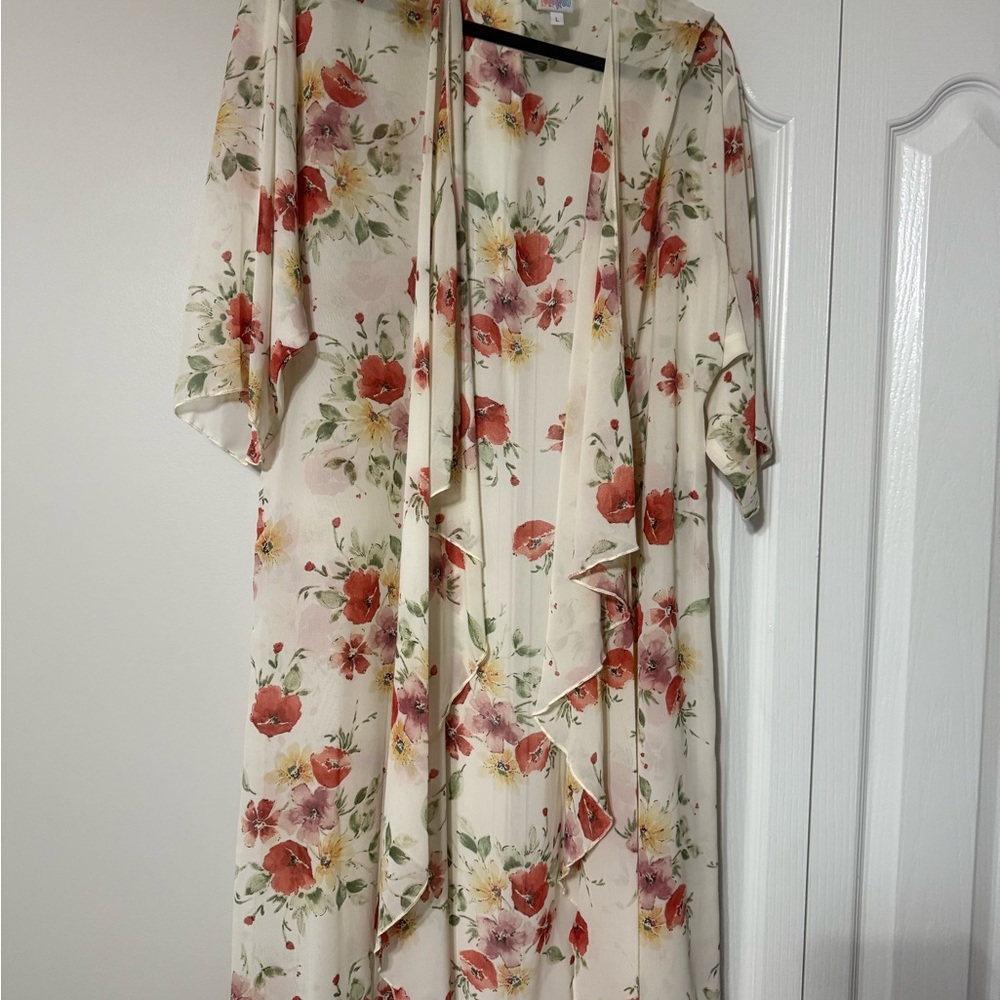 LuLaRoe Large Shirley Floral Kimono - Cream and Red